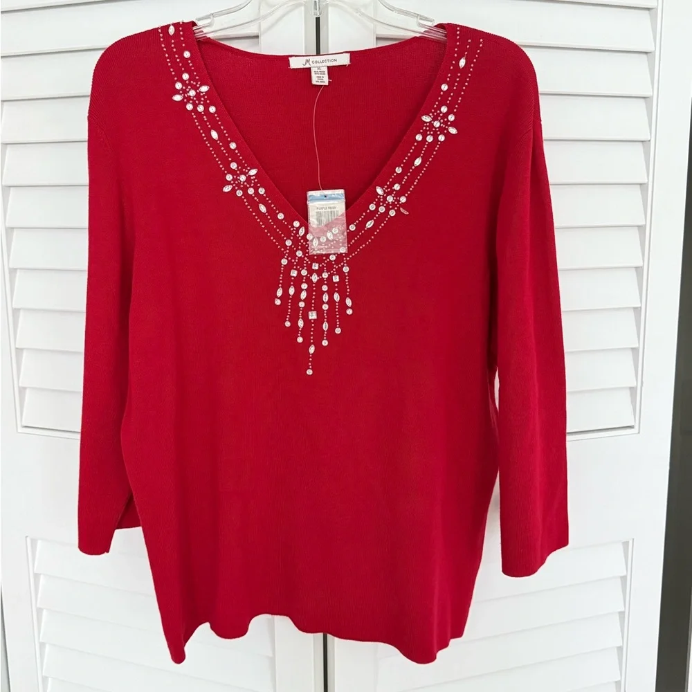 JM Collection Red Embellished V-Neck Sweater XL NWT Holiday Christmas - Picture 2 of 4